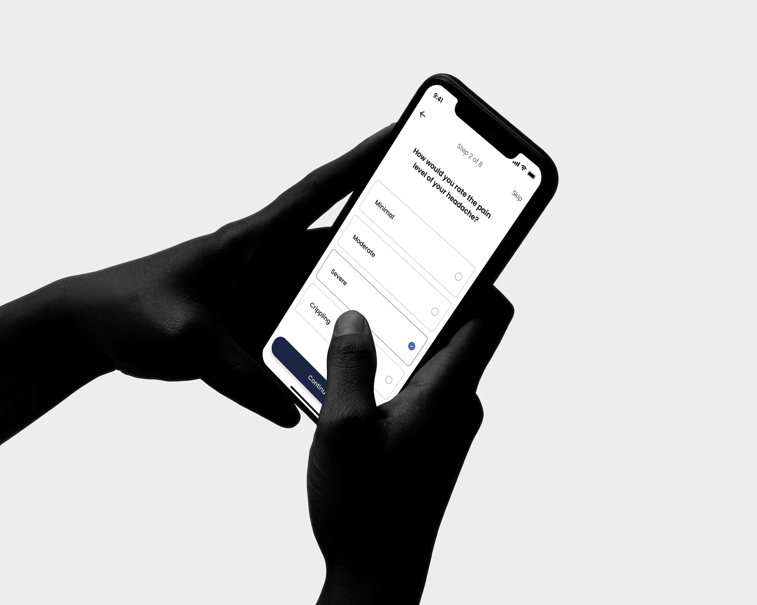 Patient holding a phone in a research context.