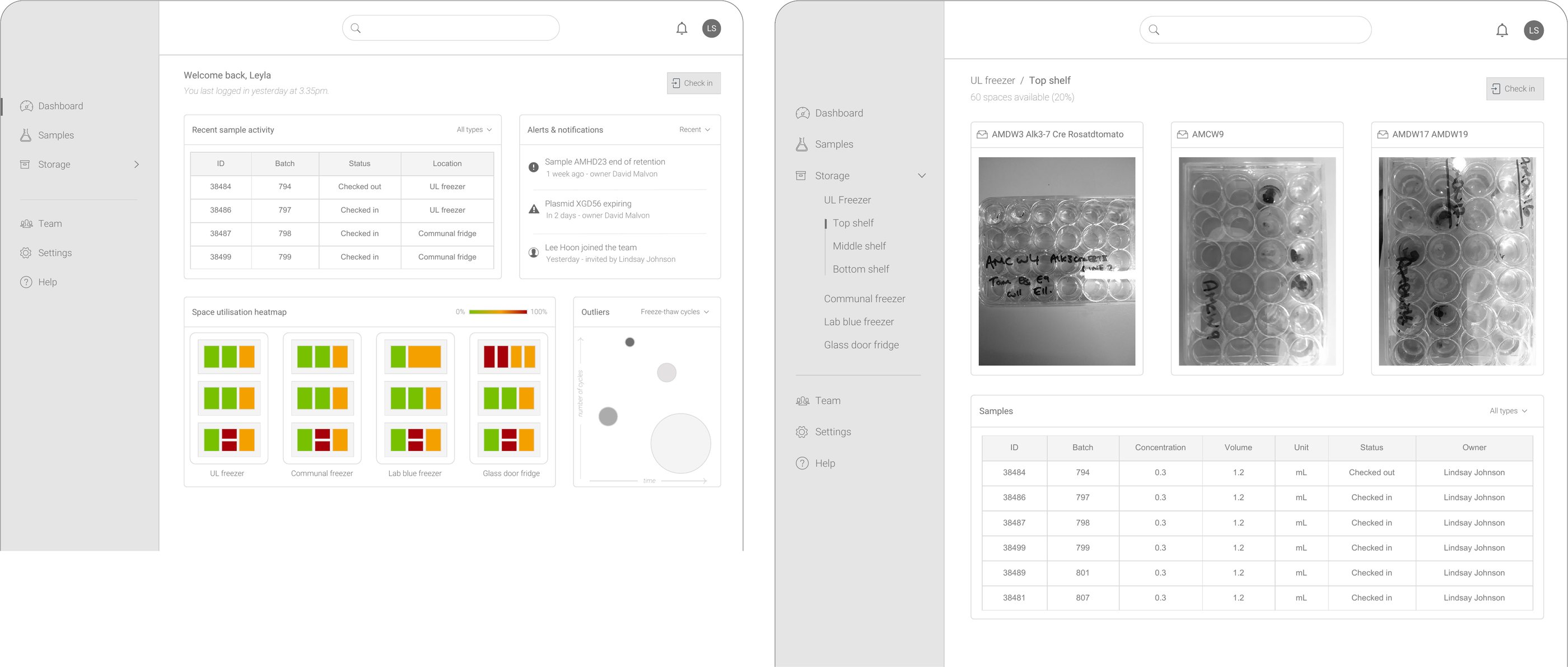 Wireframes: a dashboard with recent sample activity, alerts and a storage heatmap, and a shelf view where each box appears as a photograph of its handwritten label.